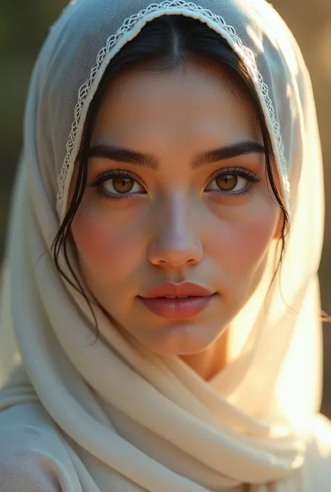 Medium skin, rose cheeks , medium nose, medium lips, large honey eyes with hijab