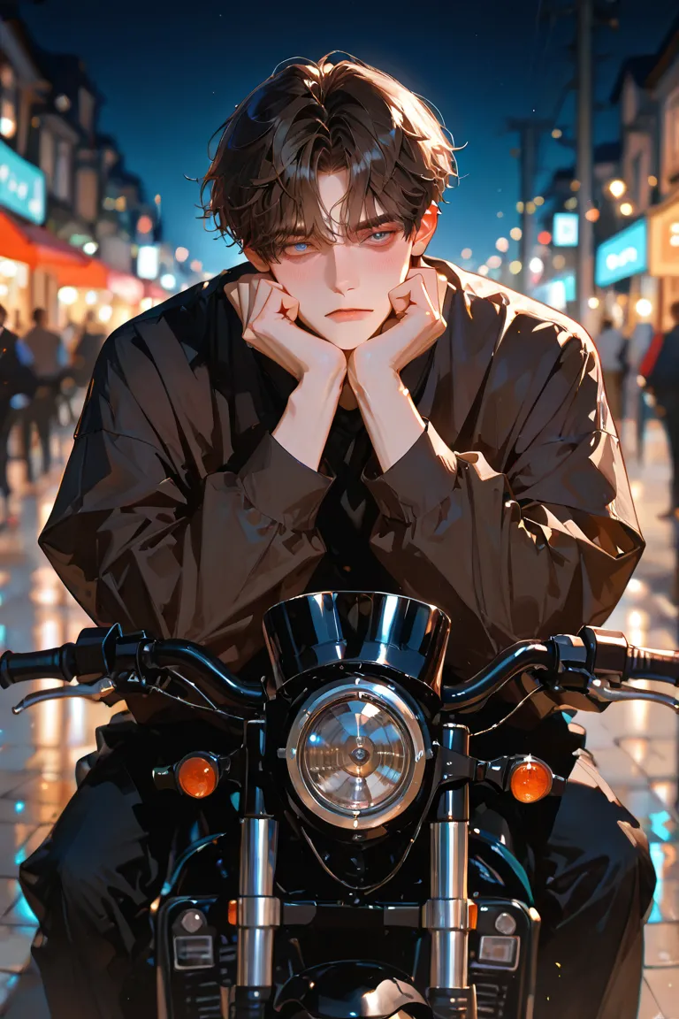 8k, Beautiful masterpiece, single, Alone, 1 man, man, dark brown hair and light blue eyes, two block hair,  droopy eyes ,  pixie style ,  blush, street fashion, inverted triangle body, night,  young man, black motorcycle, 1 motorbike, single 오토바이, clear ey...