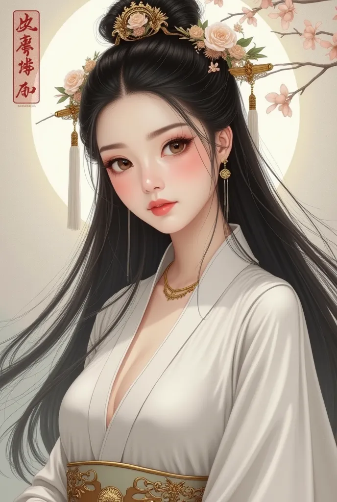  A fictional image of a beautiful and unparalleled saint 
Absolutely perfect face, there is almost no flaw in the beauty of this woman, she has hair that flows straight down, her hair looks very shiny and soft and she has big breasts and wears clothes 
Pla...