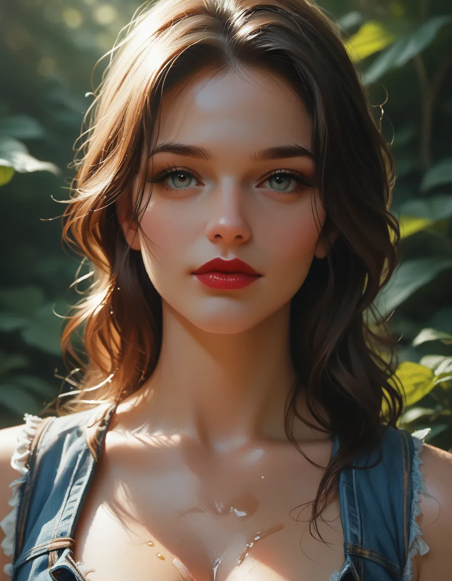 ，Beautiful girl，，Denim suspenders，Sexy and seductive red lips，closeup cleavage，Close-up strengthened，portraitures，oil painted，inks，acrycle painting，tmasterpiece，le，best qualtiy，A high resolution，super-fine，Eyes detailed，Face detailed，hair detail，Accurate，（...