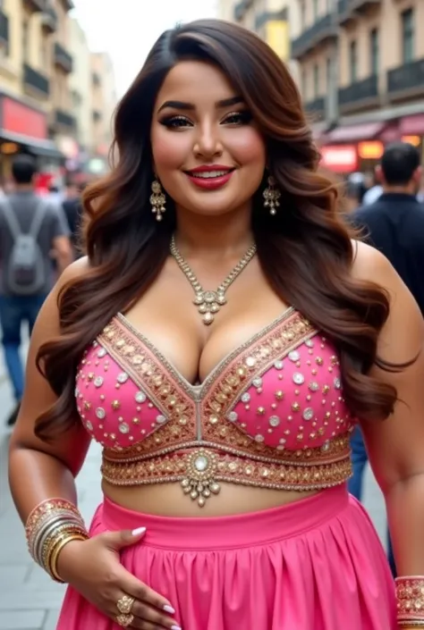 "A beautiful, curvy sexy fat woman with long, wavy brown hair, standing outdoors in a busy street setting. She is wearing a glamorous pink Indian-inspired outfit, featuring a heavily embellished bikini-style blouse with gold embroidery and mirror work. She...