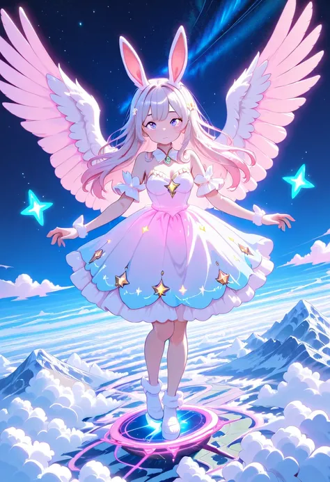 "AnimeArtsDreamy, a cute bunny-girl princess with fluffy white ears, wearing a soft pastel gown adorned with glowing stars. She holds a tiny glowing star in her hands, standing on a floating crystal platform high above the clouds. The dreamy night sky is f...