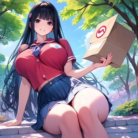 masterpiece,realistic,gradation,masterpiece,16k or 8k,ultra detailed,schools,1 woman is, huge breasts ,smile, seductive thighs,big thighs, safe delivery type,black eyes,pupil,long hair,blunt bangs, black hair,cute face,Detailed eyes,curvy