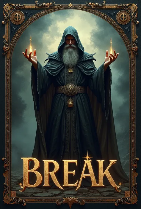 Oil label with the word break spell with the figure of a wizard in a Gothic style