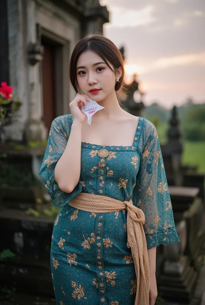  Close-up, a beautiful asian girl, a slightly chubby with big size dark turqoise clothes  paternd, pixiecut hair, big breasts,  bali temple background ,sunset, red blue green pink yellow glow on lighting ,in his hand was a piece of paper that said 'dedik k...