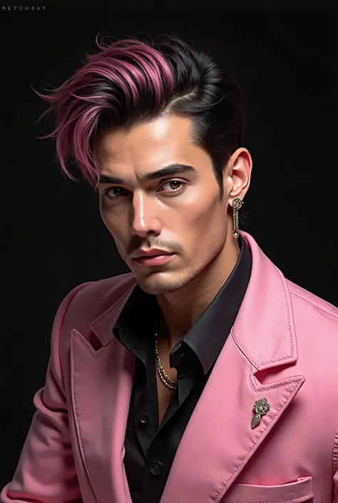 (Photorealism:1.2),  handsome man, with black and pink hair, usando smoking rosa,  black background 