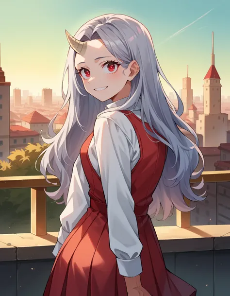 check_9, check_8_ upwards, check_7_ upwards,  eastnik_anime,
academiaother , other , long hair, red eyes,  Gray hair, horns,  ,  lonely horn , female  ,
 shirt, long sleeves, dress, white  shirt, collared  shirt, red dress, pleated dress,
outdoor, cityscap...