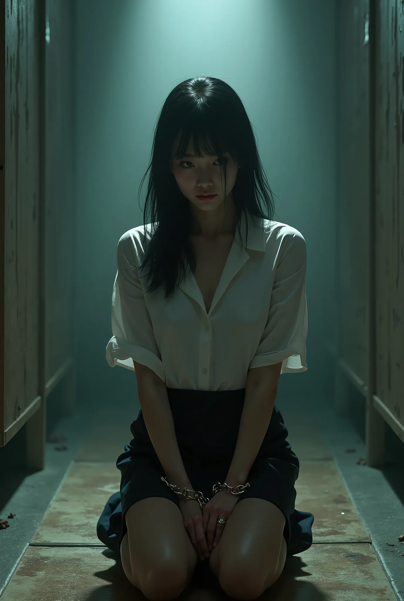 masterpiece, 8k,  photorealistic, beautiful Japanese abducted woman in business casual, skirt, captive in a confinement room, chained, kneeling, spot light