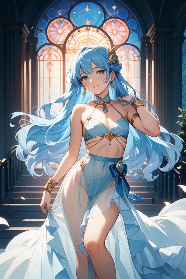 Naked girl with blue hair, long hair, testes, anime-like