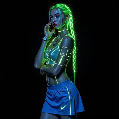 Ukrainian Russian woman, Full body futuristic standing image in cyberpunk style of a beautiful blonde white Russian woman with phosphorescent neon green braided hair and blue sporty miniskirt with futuristic accessories, highly detailed light blue eyes, pe...