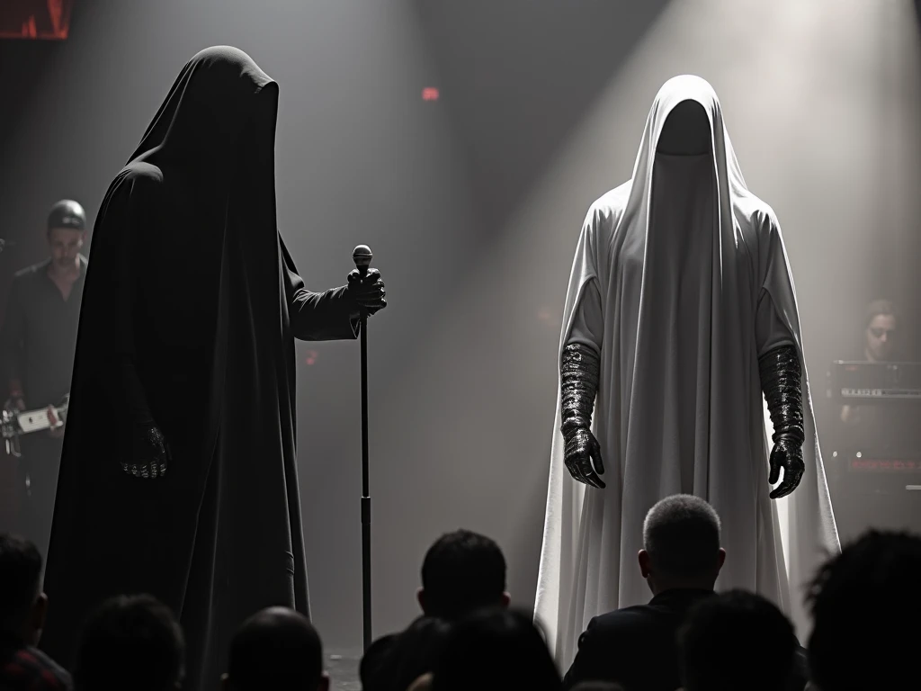 In the image, two mysterious figures wearing a black cloak that completely covers their face and the same figure wearing a white cloak can be seen. His arms are covered in armor-like metallic protection. Figures perform a concert for people on a music stag...