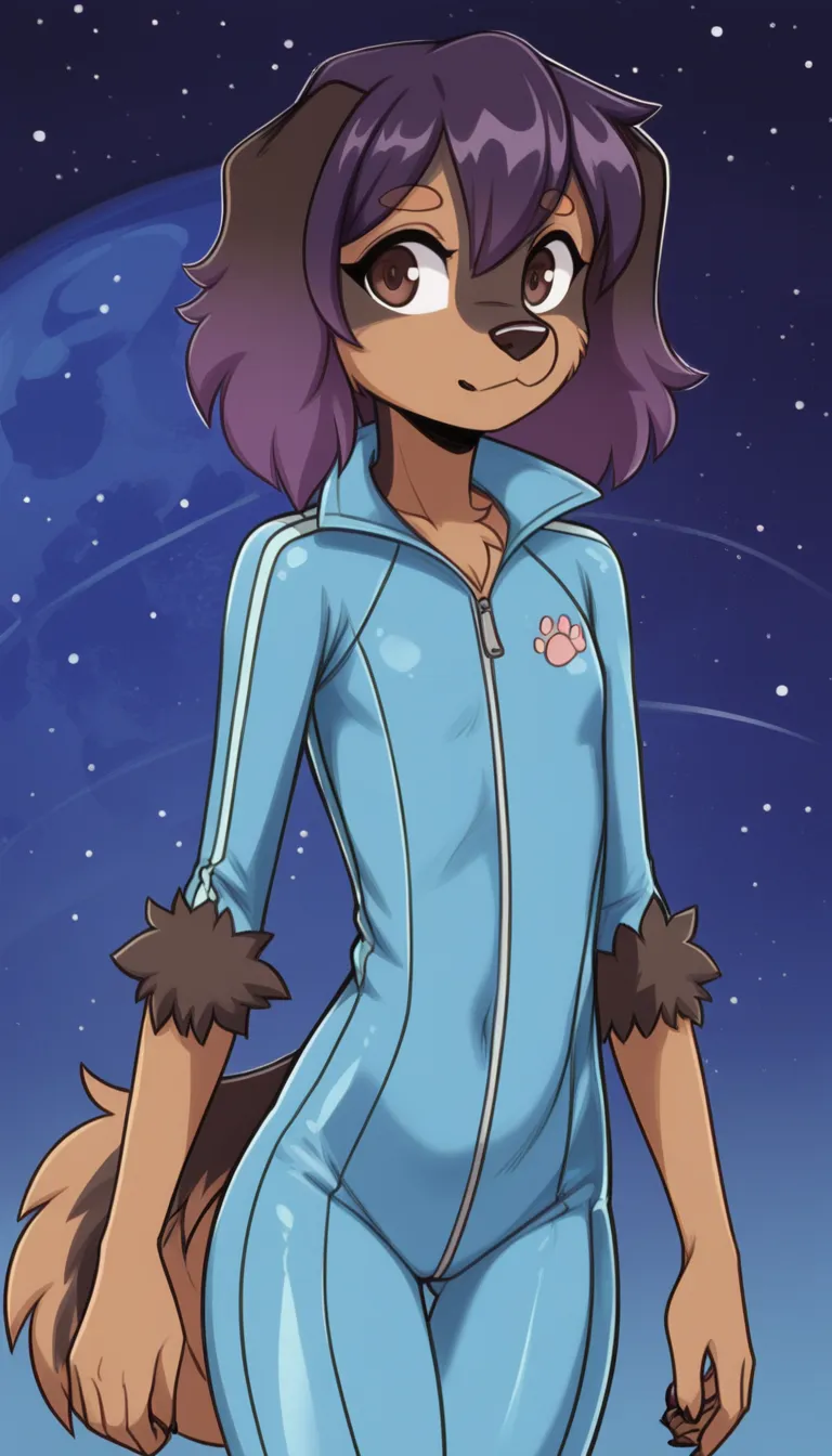  high quality ,  Very detailed illustration,   Very detailed illustration  , (  fluffy anthro dog boy  :1.8),  disheveled thick dark purple hair  ,   flat chest   ,  wide hips,  juicy thighs,   slim,    perfect body , female, ((  blue space jumpsuit )),  o...