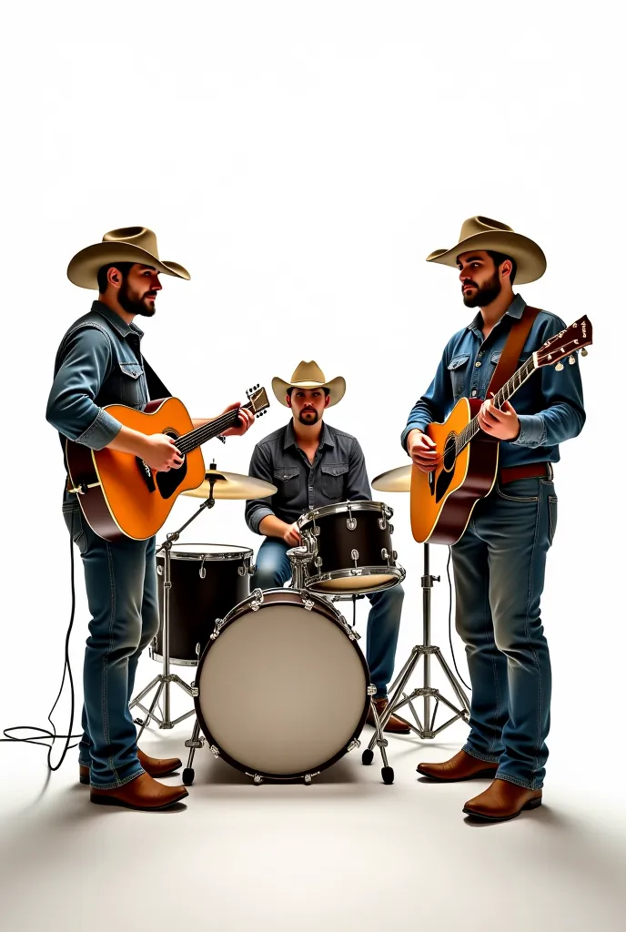 Make a picture of a country band of three men dressed as cowboys holding guitars. Have one man in the middle sit behind the drums.
Make sure their entire figures are visible.
Put a white background.