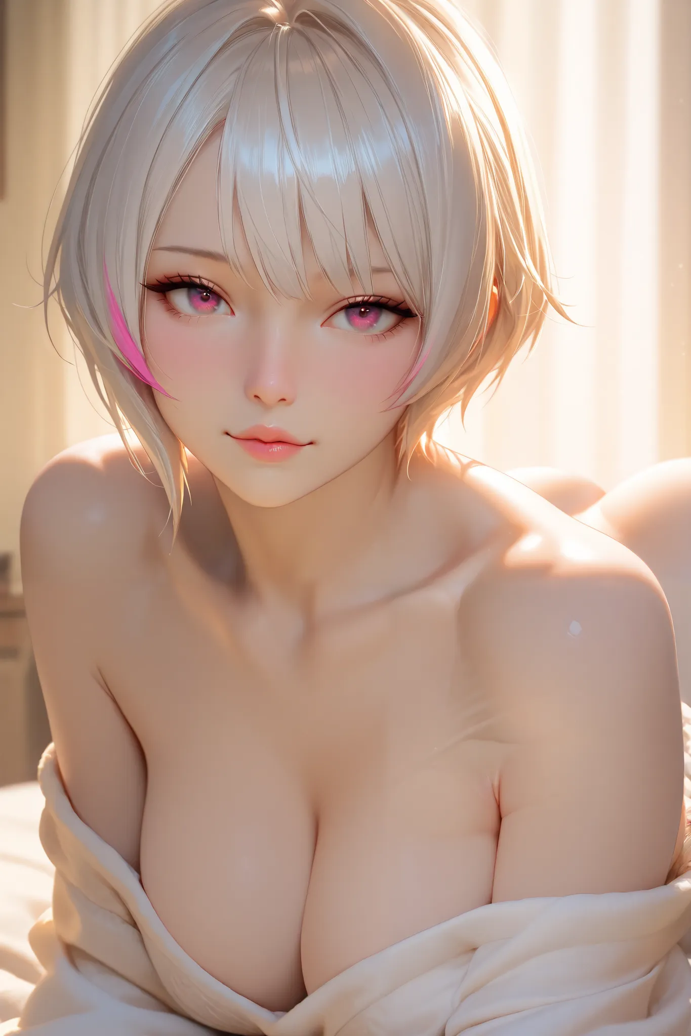 white short hair, attractive lips, under boobs, crawl in all fours , upper body down, ass up 