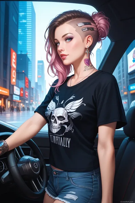 Evelyn from Baldur's Gate 3 with black wolf cut and silver eyes a skull 💀 tattoo on a neck wolf cut hair style wearing a over size t-shirt and shorts standing with the car and background is city 