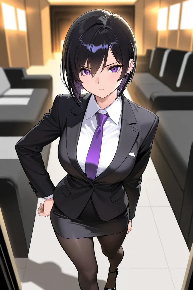 Anime girl with purple eyes, black hair, (with an angry expression)  lounge wearing a black suit, Wearing a purple leather tie , an executive skirt, high heels and black tights)