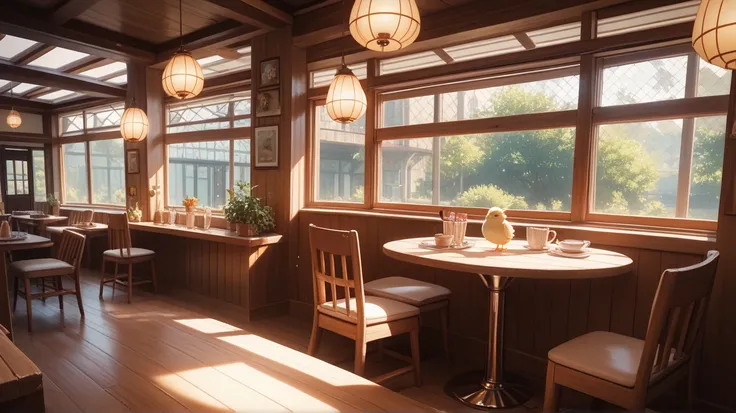 The interior of a chic cafe, in a realistic anime style. The scene exudes a stylish atmosphere with subdued lighting and comfortable sofas.