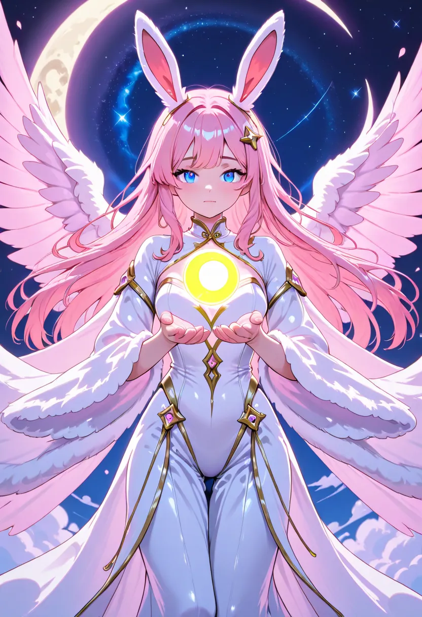 "AnimeArtsDreamy, a cute bunny guardian dressed in a silver-white celestial robe, floating in the night sky, cradling a glowing crescent moon. She has long, flowing pastel-pink hair and large fluffy bunny ears. The stars twinkle gently around her, creating...