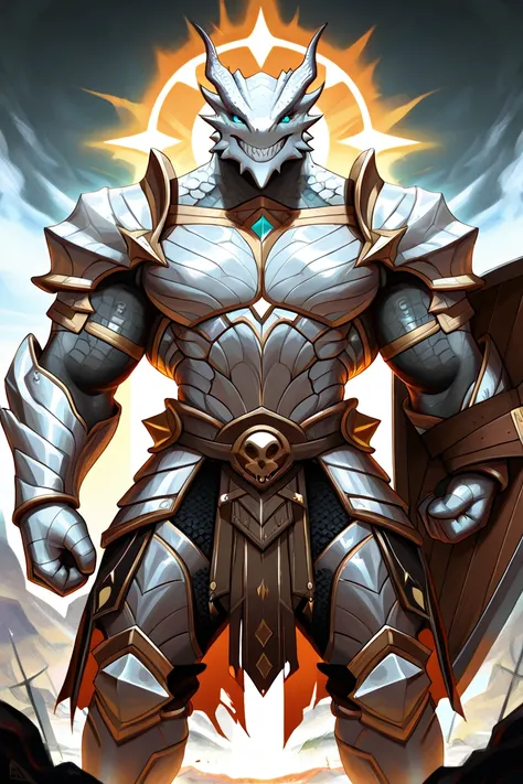 masterpiece, Dragonborn man with two heads and four arms, great divine warrior wearing heavy plate armor adorned with draconic props that a multicolored circular symbol stands out on his chest, Its gray scales have green features and on the top of its head...