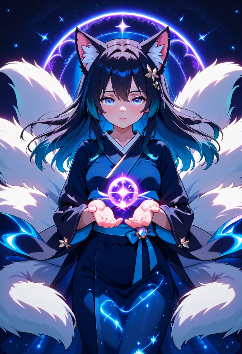 "AnimeArtsDreamy, a mystical fox sorceress with glowing nine tails, wearing an elegant midnight-blue kimono with silver constellations. She holds a floating star orb in her hands, casting soft celestial light. The background is a dreamy cosmic sky with flo...