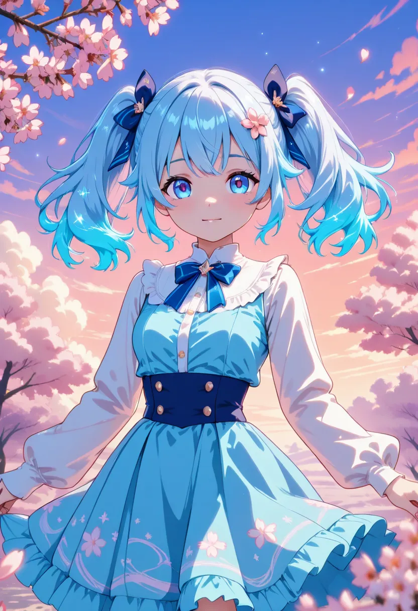 "AnimeArtsDreamy, a playful girl with silver-blue twin tails, riding a soft fluffy cloud dragon through a pastel sunset sky. She wears a flowing sky-blue outfit with cloud patterns. Tiny sparkles and floating cherry blossoms drift in the air, adding a whim...