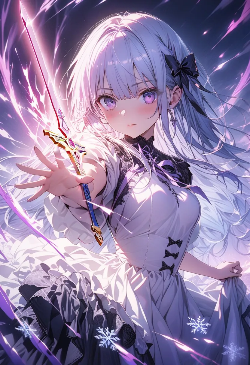 masterpiece,amazing quality,best quality,ultra-detailed,8k,illustration,CG,　 1girl , drawn on the beautiful board、Gothic Lolita, light blue hair color ,long hair, Has the legendary Excalibur,Purple and white dress, purple eyes,beautiful eyes,moody lighting...