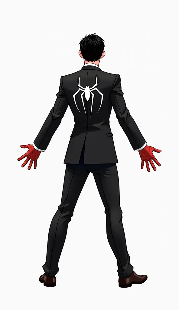 A stylized illustration inspired by Spider-Man. The groom has short black hair and is wearing a classic black tuxedo with clear Spider-Man details, such as the spider on the back of the tuxedo. He is not wearing the Spider-Man mask. He is facing away with ...