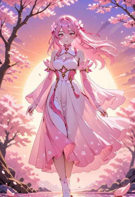 "AnimeArtsDreamy, a delicate cherry blossom spirit girl with pink hair flowing like petals in the wind. She wears a soft petal-like dress, standing on a floating sakura branch. The sky around her is filled with drifting pink petals and a warm, golden sunse...