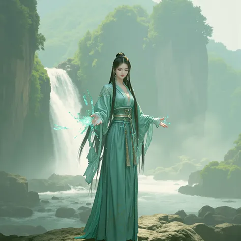 Ar311, A hyperreal digital art painting of a young East Asian woman with long, flowing black hair, wearing a vibrant, jade green hanfu-like dress with long, billowing sleeves and a long, white sash, stands amidst a breathtaking mountain landscape, bathed i...