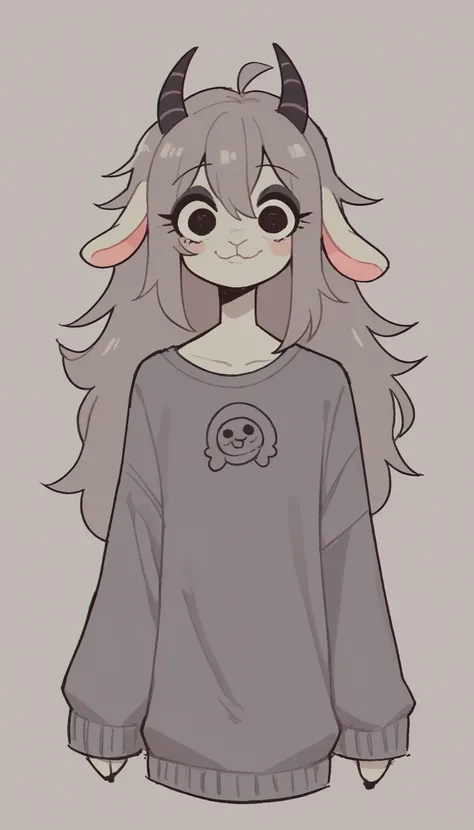  best quality,  Very detailed illustration, (Anthropomorphic fluffy baby goat:1,7) , disheveled voluminous hair,  slim, perfect body, Simple drawing,  Artifyber style ,  pastel flat colors, Cute,  cartoon, Smug knots ,  gothic clothes 