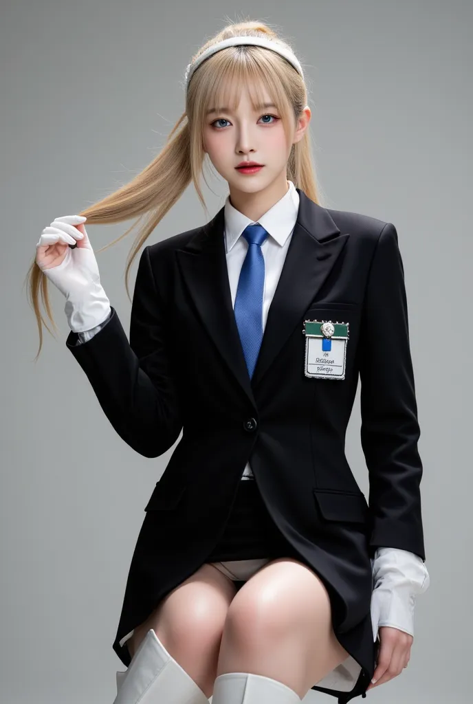  female secretary，gold high single ponytail，blue glowing eyes，Custom luxury suit， blue tie， skirt。 white boots，leg rings and white garter socks， white latex gloves， exquisite。black alchemy print on forehead。humility，young。Artificial Human， button。cool，Sa。