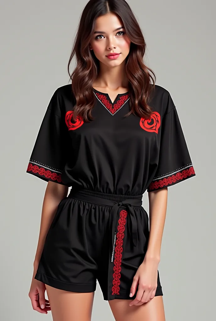 I need to create modern Kyrgyz national clothes.  first . The shirt will be black and on the shoulders there will be half hearts inside with a snail pattern, in red. And the line is like a belt from the right beach to the left the thigh is red. Then the bo...