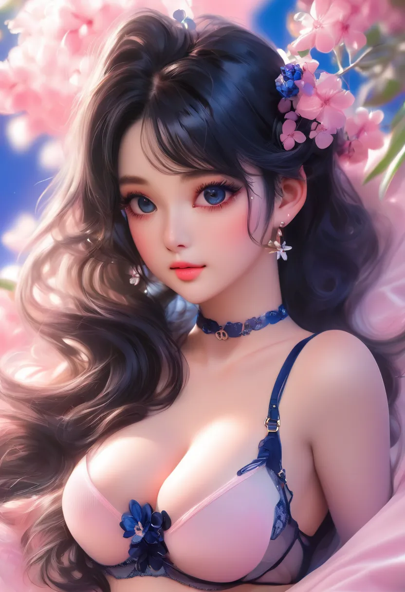  Sexy girl kawaii cutie ,plump lips soft shiny skin, light pink revealing bra with (small navy blue flowers),very large soft and showy breasts,masterpiece,radiant eyes long eyelashes,shiny black wavy hair,4k, camera, 3D,fastened the straps,seductive pose,p...