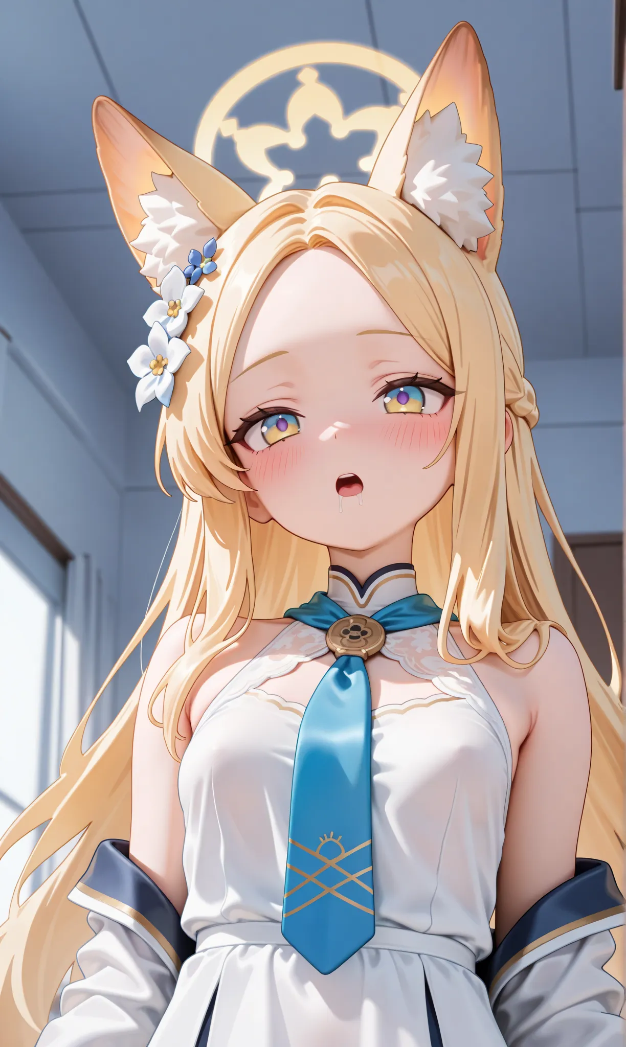 1 girl, ( blue file :1.1), 
until, 
animal ears, Alone ,  by the blond hair, halo, long hair, looking at the spectator, fox ears, animal ear fluff, dress, tie, white dress, forehead, mouth shut, hair ornament, yellow halo , upper body, hair flower, Yellow ...