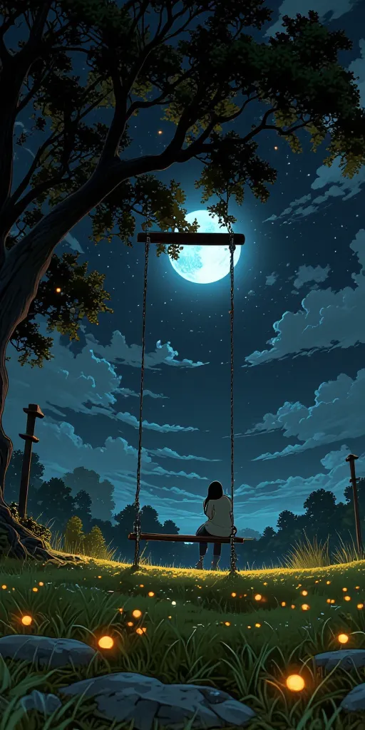 "A wooden swing hanging from a large, lush tree on a small hill, gently swaying in the night breeze. The moonlight filters through the leaves, creating soft, dreamy shadows on the grass. The scene feels warm, nostalgic, and calm, capturing the essence of a...