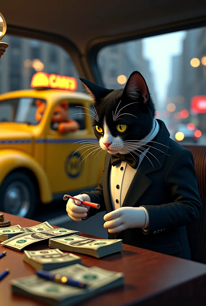  the tuxedo cat has  one hand cigarettes next to him, counting money,orange cat driving a yellow taxi 