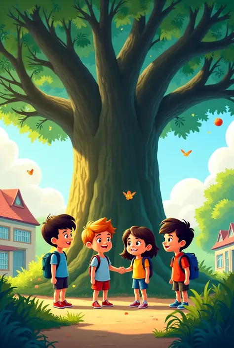 Animation image of 2 boys and 2 girls of school setting under a banyan tree and talking to each other