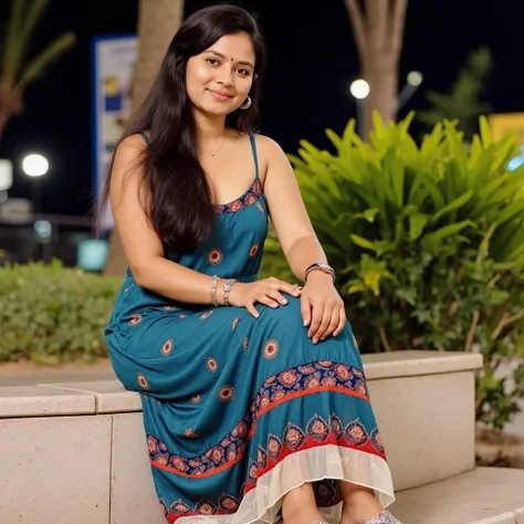 A young indian woman in a short, patterned transparent dress sits on a stone bench at night.


The image shows a young woman with long dark hair, fair skin, and a pleasant expression. She is wearing a teal, maxi-length dress with a variety of floral and ge...