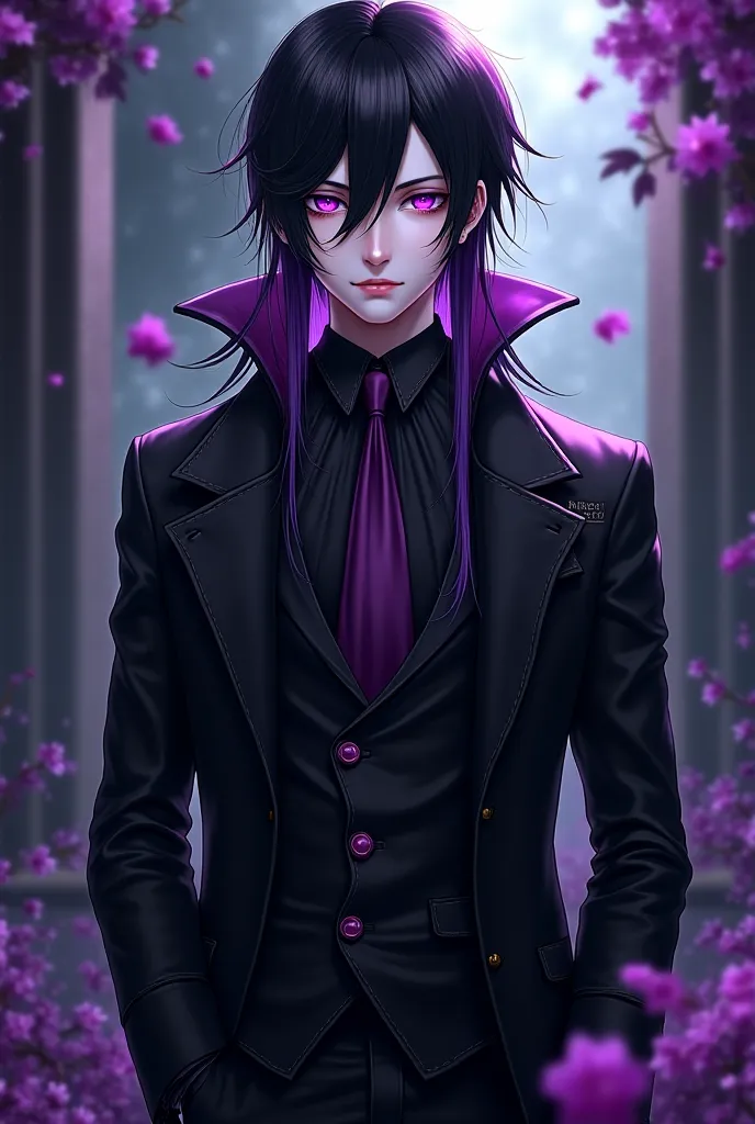 black butler anime style, handsome MALE character with long straight black hair with purple highlight and long side bangs, purple eyes, pale skin, tall, black coat and gothic clothes