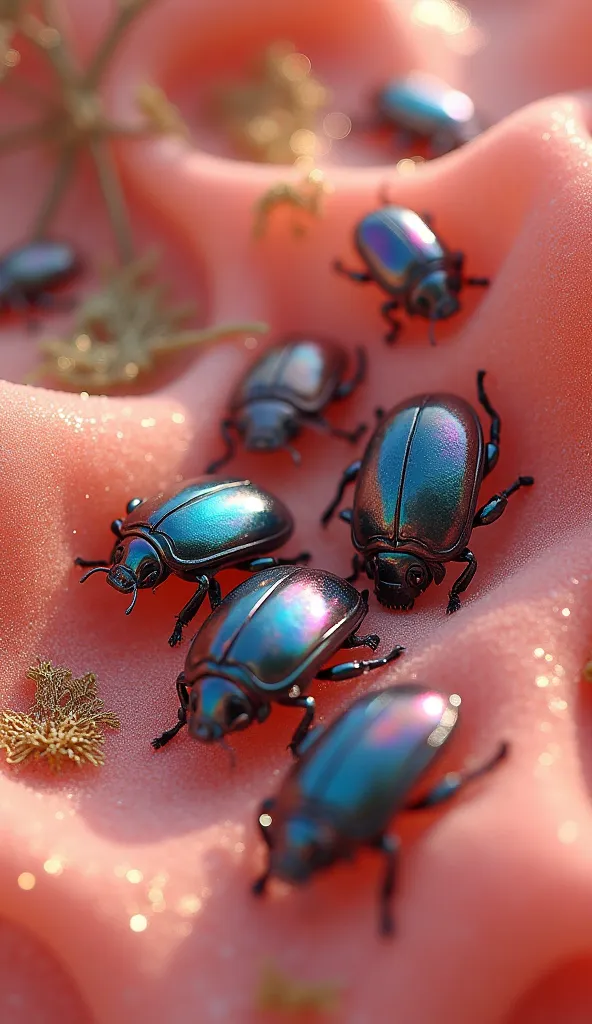 Here’s a surreal idea in a similar vein:

"Iridescent beetle shells scattered across soft, coral-pink velvet skin. Shimmering like precious gems. Dreamy close-up with a rippling, underwater light effect. Hints of golden seaweed drifting in the background."...