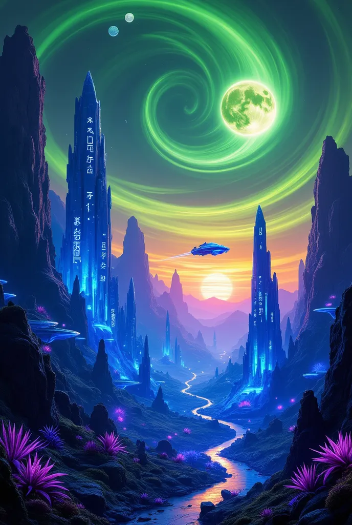 Create an image of an alien planet featuring a breathtaking landscape with towering, bioluminescent rock formations that glow in shades of blue and purple. The sky is a swirling mix of green and orange, with multiple suns or moons casting unusual shadows. ...