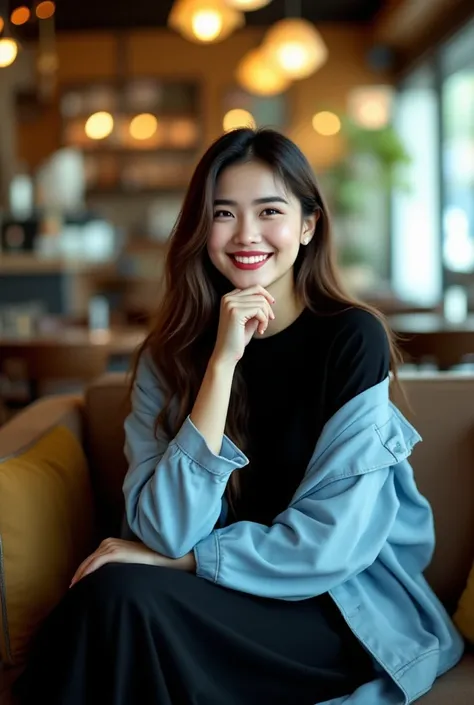 A beautiful Indonesian woman smiles, long hair, with a black t-shirt, light blue jacket, long black skirt,  sitting on the couch, fist position on chin, face aside , turn to the camera, restaurant background, bokeh