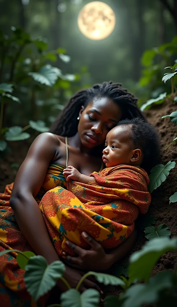 Un bébé nouveau-né enveloppé dans un tissu traditionnel africain, reposant sur le sol parmi les feuilles et la terre humide. La mère épuisée est allongée à côté, sous une lumière de lune mystique.