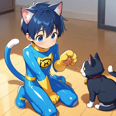  A boy，cute， blue short hair ，Cat ears，Cat&#39;s Paw， Shota，Rubber bodysuit，Little Hero，，