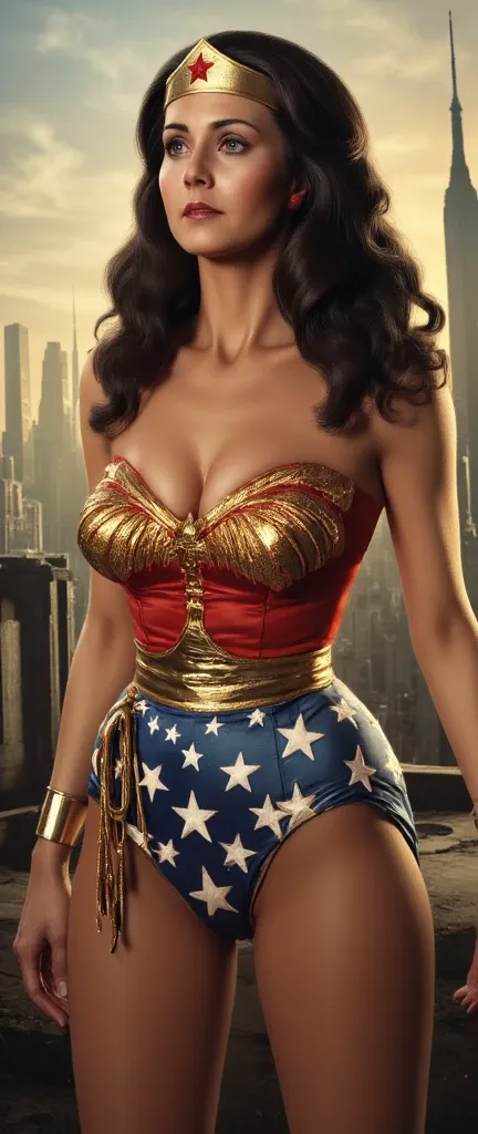  a gorgeous wonder woman in tight red and blue,  dark black wavy hair that men covet , beautiful and detailed eyes,  striking facial features , sexy選美皇后体格,white skin,The expression is romantic and sexy,  digital painting , Complex and detailed rendering , ...