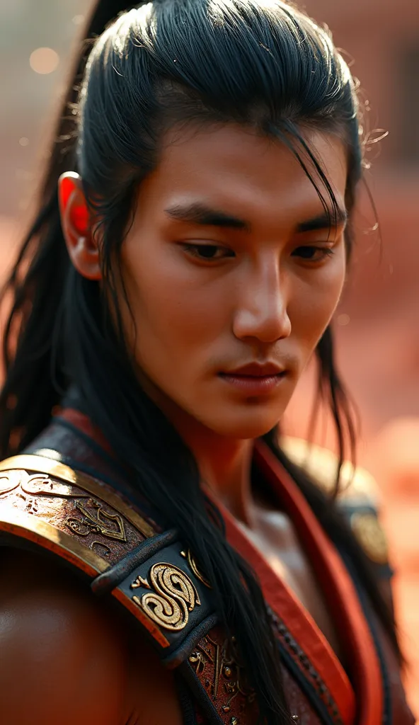  Here is a detailed prompt to generate an image  ** super realistic** by actor  **Paing Takhon** As **Liu kang**, focused **only on the face**, with a shiny outfit and impactful details, and a striking background:  

---  
**"Close-up hiper-realista do ros...