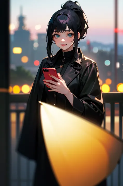 (masterpiece, best quality:1.3), highly detailed, (blurry foreground), 1girl, black hair, high ponytail, long hair, (bangs), (deep ocean eyes), (smiley), pretty lipsticks, (holding smartphone:1.2), looking at the phone, black leather long coat, late night ...