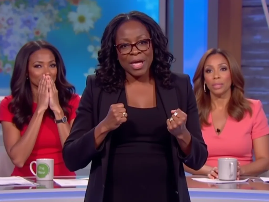 Pictured in the studio of The View. Whoopi Goldberg is in the middle of the stage, lit by bright spotlights. . Her posture expresses confidence: She leans forward slightly, hands clenched into fists , looking straight at the camera. Her face is a mix of de...