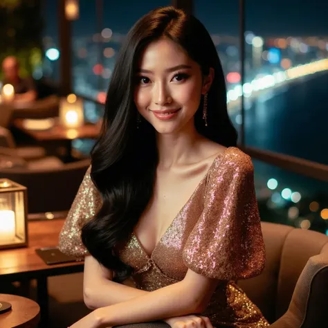 A beautiful Asian woman with long black hair, resembling the reference image, sitting elegantly at a luxurious rooftop restaurant overlooking the ocean at night. She wears a stunning, modest rose gold shimmering gown with long sleeves and a high neckline, ...