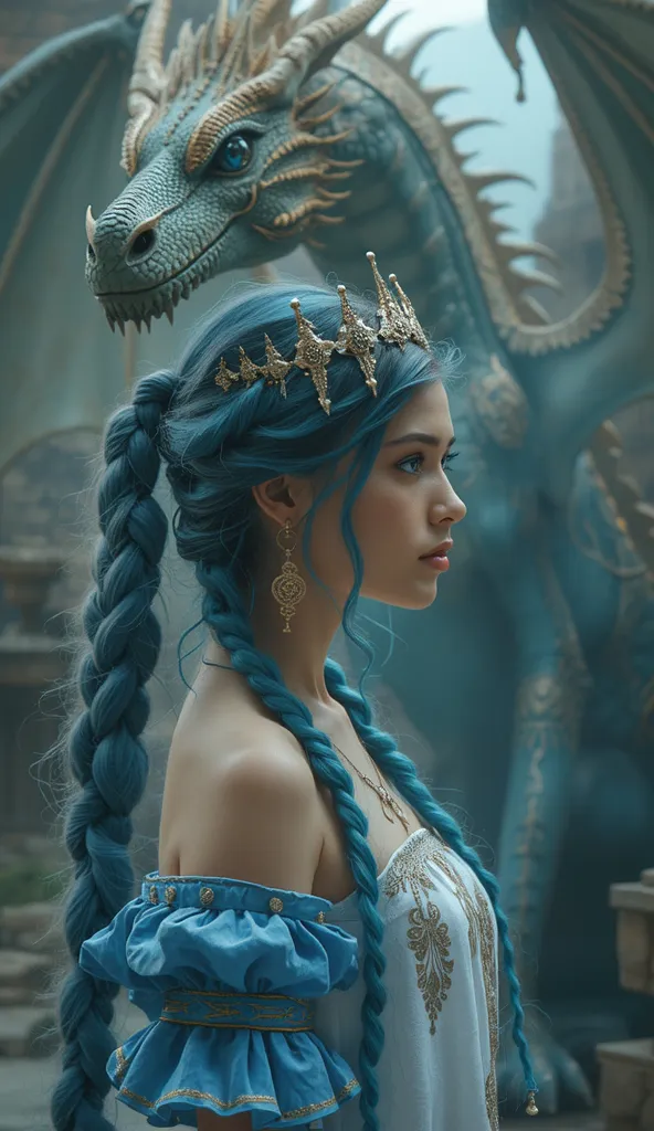 Imagine A Unreal Beauty Argentina Long Ponytail Blue Hairs Woman Standing With A Dragon As A Mother Of Dragon, Unreal Beauty Argentina Blue Eyes Soft Glowing Skin, Eye Catching Background, A Giant Giant Realistic Dragon, Unrealistic Beautiful Argentina Dre...